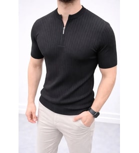 Erkek Kısa Kol Fitilli Triko T-Shirt Yazlık Hakim Yaka Tişört - Siyah