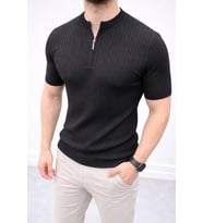 Erkek Kısa Kol Fitilli Triko T-Shirt Yazlık Hakim Yaka Tişört - Siyah