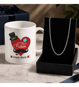 BK Gift Kişiye Özel Babalar Günü Tasarımlı Beyaz Kupa & Forse Zincir Kolye -1, Babalar Günü Hediyesi