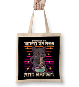 Powered By Video Games & Ramen Anime Cat Bez Çanta Uzun Saplı