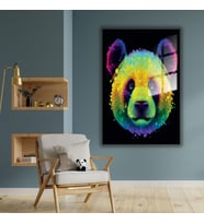 Metal Çerçeveli Temperli Cam Tablo  Neon Renkli Panda (Siyah)