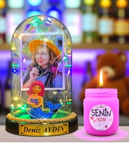 Kişiye Özel Renkli Led Işıklı Fanus ve Kokulu Mum Hediye Seti (Model 3)