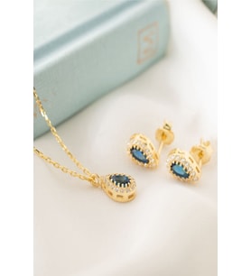 925 Ayar Gümüş Eylül Ayı Doğum Taşı ( Sapphire ) Kolye - Küpe Seti