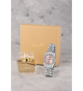 Polo Air Mercek Takvimli Klasik Kadın Kol Saati 55 ml Parfüm Hediyelik Kutusunda Set Gümüş Pembe Renk ST-2194S4