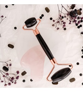 Obsidyen Roller ve Pembe Kuvars Kalpli Gua Sha Takımı (Yeşil)
