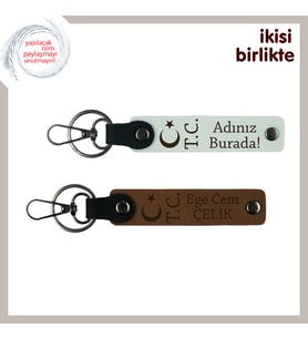 Kayınpedere Özel Hediye Ay Yıldız TC Temalı İsim & Soyisim Yazılı İkili Anahtarlık Seti, Beyaz-Kahve