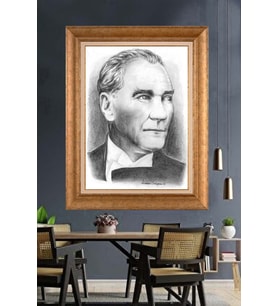 Altın Varaklı Çerçeveli Paspartulu Atatürk Tablo TR1203 (Gold)
