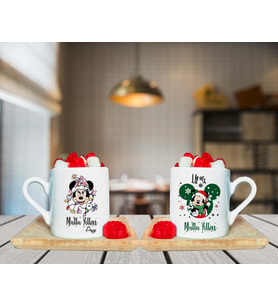 Mickey & Minnie Mouse & Yılbaşı Tasarımlı Çift Ahşap Tabaklı Kişiye Özel Türk Kahvesi Fincanı Seti