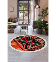 Dijidekor Halı Turuncu Cool K1300 Saçaklı Yuvarlak Kesme İnce Yolluk Kilim Salon Halısı Modelleri (Açık Turuncu)