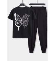 Unisex Drawing Butterflies Baskılı 2'li Eşofman Takımı (Siyah)