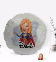 BK Gift Kişiye Özel İsimli Süper Girl Karikatürlü Yuvarlak Dekoratif Kırlent Yastık-1