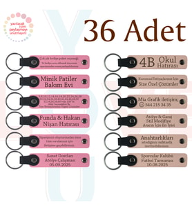 Pembe & Pudra, 36’li Set, İsim Yazılabilir Deri Anahtarlık, Aile Tatillerine Küçük Hediye