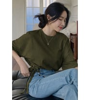 Kadın Oversize Basic Haki Tişört Yan Bağlamalı Rahat Kesim Günlük Yazlık T-Shirt