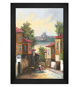 Eski İstanbul Sokakları Motifli Kanvas Tablo 50 x 70 cm Siyah Çerçeve