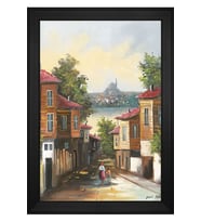Eski İstanbul Sokakları Motifli Kanvas Tablo 50 x 70 cm Siyah Çerçeve