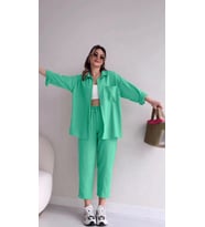 Keten Günlük İkili Takım Elbise Pantolon Gömlek (Su Yeşili)