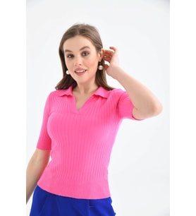 Kadın Slim Fit Pola Yaka Basic Triko Kısa Kol Kazak (Fuşya)