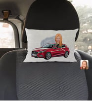 BK Gift Kişiye Özel Plakalı Kadın Mazda 3 Karikatürlü Dikdörtgen Araç Koltuk Yastığı-1