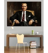 Koltukta Oturan Mustafa Kemal Atatürk  Dekoratif Kanvas - Mdf Ahşap Tablo