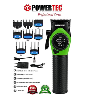 Powertec TR-5100 Profesyonel Saç Tıraş Makinesi 9000 RPM Dijital Ekran Şarjlı Berber Tipi Clipper Yeşil