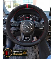 Audi Q5 Dikme Direksiyon Kılıfı Alcantara Süet Mat Karbon Kırmızı Yüzük ve Dikiş 2017-2020