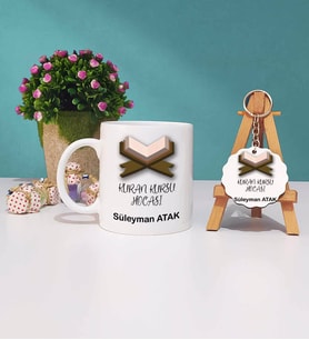 Kuran Kursu Hocası Kupa Bardak ve Ahşap Anahtarlık Hediye Seti
