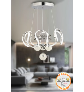 Modern Riva Krom 3 Renk Işık Özellikli Power Led Kaplama Sarkıt Led Avize Salon Avize