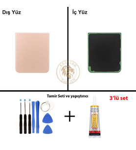 Samsung Galaxy Z Flip 4 Pembe Renk Arka Kapak + Tamir Seti + B7000 Yapıştırıcı Arka Cam Batarya Kapağı Pil Kapağı Lazer Kesim Back Cover Galaxy Z Flip 4 Uyumlu