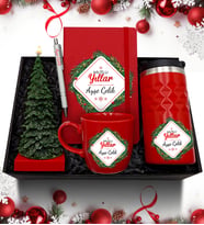 Yılbaşı Temalı Kişiye Özel Kırmızı Termos & Defter & Kupa & Yılbaşı Ağacı Mum & Kalem Hediye Seti