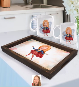 BK Gift Kişiye Özel Süper Girl Karikatürlü Doğal Ahşap Tepsi ve 2’li Kupa Bardak Seti-1
