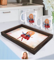 BK Gift Kişiye Özel Süper Girl Karikatürlü Doğal Ahşap Tepsi ve 2’li Kupa Bardak Seti-1
