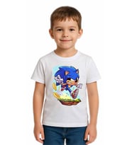 Unisex Sonic Baskılı Çocuk Tişört pamuklu penye kumaş (Beyaz)