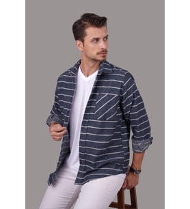 Mavi Beyaz Çizgili Oversize Hediye Kutulu Erkek Gömlek