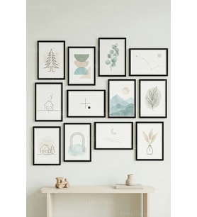 12 Parça Minimal Doğa Temalı Dekoratif Çerçeve Görünümlü Tablo Seti