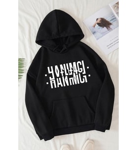 Hanımcı Yazılı Katlamalı Sweatshirt (Siyah)