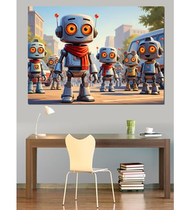 Modern Robot Çocuklar Ve Şehir Dekoratif Kanvas - Mdf Ahşap Tablo