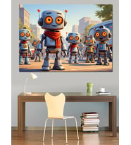 Modern Robot Çocuklar Ve Şehir Dekoratif Kanvas - Mdf Ahşap Tablo