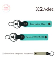 Anneye 14 Şubat Armağanı, İsim Ve Soyismi Yazılı 2’li Deri Anahtarlık Takımı, Turkuaz-Sütlü Kahve