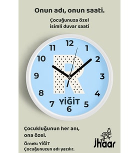 İsme Özel R Harfi Çocuk Odası Duvar Saati Orta Boy 30 cm Beyaz Camlı Sessiz