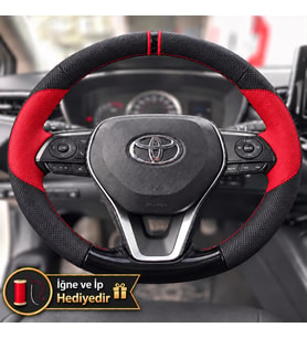 Toyota Corolla E210 Dikme Direksiyon Kılıfı Parlak Siyah Kırmızı Detaylı Kırmızı Çift Yüzük ve Dikiş 2018-2026