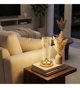 Silindirik Kristal Nokta Model LED Masa Lambası – Gold Tabanlı, Dokunmatik, 3 Renk Işık Modlu, Şarjlı Modern Dekoratif Gece Lambası (5343)