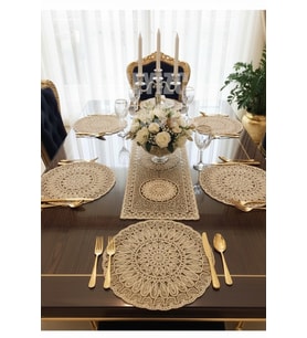 Fransız Dantelli Runner Ve Supla Takımı (1 Runner, 6 Supla) Kahve