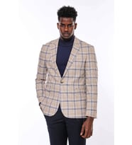 Ekose Desenli Slim Fit Kahverengi Mavi Erkek Ceket - Wessi