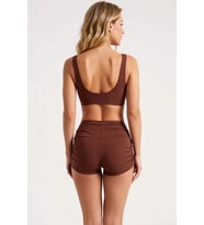 Kadın Şort Bikini Takımı V Yaka Kolsuz Bralette Üst Yüksek Bel Düz Desen Tünelli Bağlama Detaylı