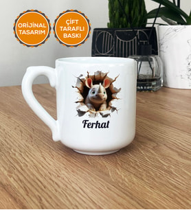 3D Efektli Gergedan Hediye Kupa Bardak Oval İsimli İsim Yazılı (Beyaz)