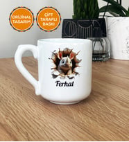3D Efektli Gergedan Hediye Kupa Bardak Oval İsimli İsim Yazılı (Beyaz)