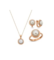 Doğal İnci Küpe Kolye Yüzük Üçlü Set (Rose)