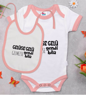 BK Kids Gelüse Gelü Tasarımlı Pembe Bebek Body Zıbın ve Mama Önlüğü Hediye Seti-1