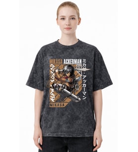 Mikasa Ackerman Attack On Titan Anime Baskılı Unisex Oversize Eskitme Yıkamalı Tişört