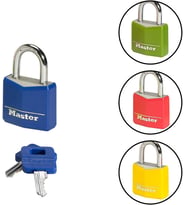 Master Lock Anahtarlı Asma Kilit Masif Alüminyum Vinil Kaplamalı, Mavi, Sarı, Kırmızı, 5,2 Cm X 3 Cm